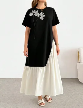 Vestido largo 2 en 1 para mujer talla grande, casual, holgado, elegante y estilizador, con decoración floral en blanco y negro, para primavera/verano - Shein - FashionsVida