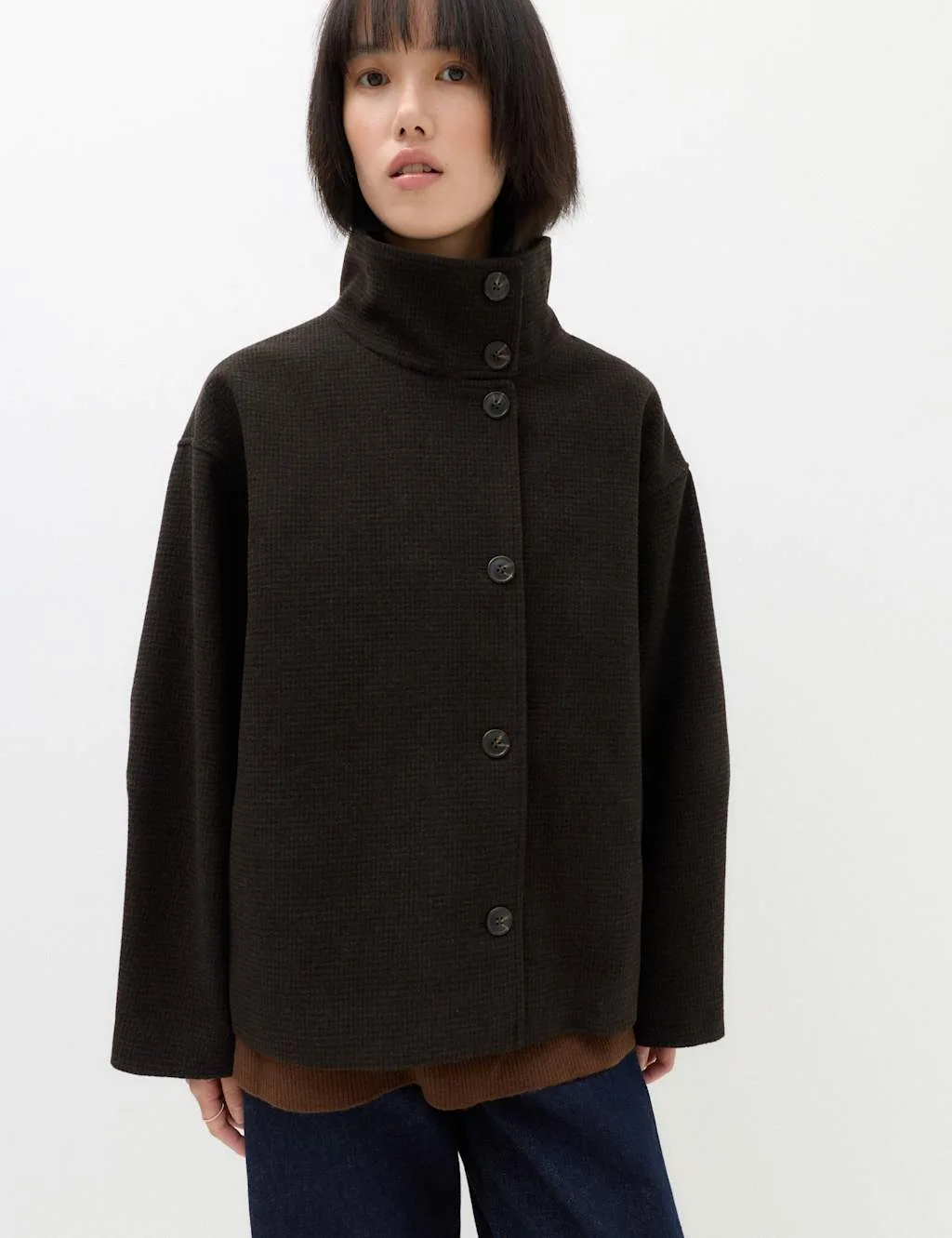 Checked Funnel Neck Short Coat with Wool Brown Mix female - M&S - FashionsVida