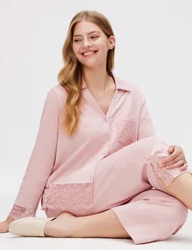Conjunto de pijama de descanso esencial para boda rosa suave 100% algodón puro con ribete de encaje y botones & pantalones para mujer Conjuntos de de - Shein - FashionsVida