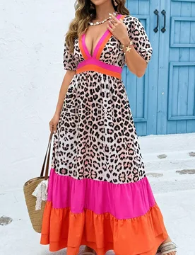 Vestido de manga corta con estampado de leopardo, vestido midi de verano ligero de nuevo color en contraste con cuello en V patchwork 1XL - Shein - FashionsVida