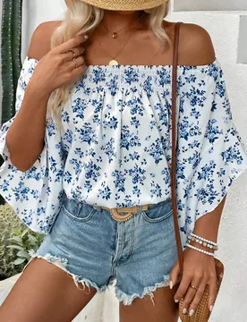 Camisa diaria para mujer con hombros descubiertos con estilo vintage y estampado sencillo L - Shein - FashionsVida