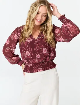 Women's Floral Long Sleeve Ruched Wrap Blouse in Red Size: 10 - Red - Size: 10 - Izabel London - FashionsVida