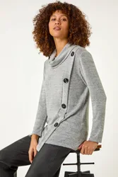 Women's Cowl Neck Button Stretch Top in Grey Size: 16 - Grey - Size: 16
