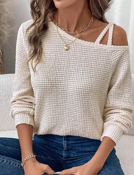 Camiseta de manga larga de punto de textura de gofre con cuello asimétrico, informal y para oficina para mujer XL - Shein - FashionsVida