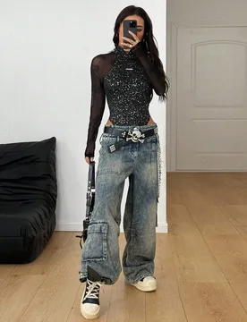 Mono ajustado de cuello alto de manga larga negro elástico con lentejuelas para mujer, estilo sexy Y2K chic vintage punk, para rave, fiesta y cita no - Shein - FashionsVida