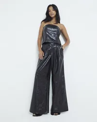 Womens Wide Leg Trousers Petite Brown Faux Leather - Size 14 Uk