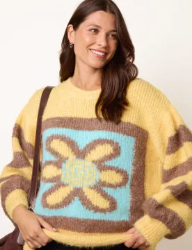 Retro Flower Print Balloon Sleeve Jumper - ONE / YELLOW - female - Blue Vanilla - FashionsVida