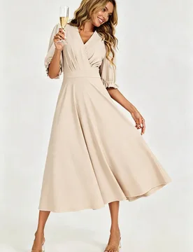 Women's Half Sleeves Jersey Midi Dress with Wrap Neckline in Off White Size: XS - Off White - Size: XS - FS Collection - FashionsVida