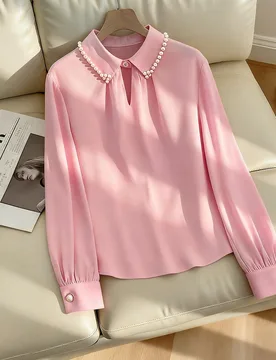 Camisa de manga larga con cuello sólido y decoración de perlas, color rosa, para otoño S - Shein - FashionsVida