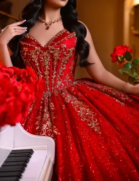 Shiny Red Quinceanera Dress off-shoulder Golden Glitter Crystal Decal Layering Long tail vestidos de 15 Quinceanera ﻿Customized - Aliexpress - FashionsVida