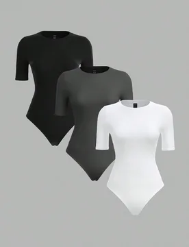 Juego de 3 piezas de body ajustado de manga corta con cuello redondo, de punto, color liso, básico, sencillo y modesto, para mujer, ropa de verano, n - Shein - FashionsVida