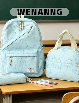 Conjunto de 3 piezas - Mochila con estampado de lazo para volver a la escuela, bolsa escolar de gran capacidad de nailon, con bolsa de almuerzo y estu - Shein - FashionsVida