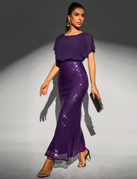 Vestido elegante de manga de murciélago sólida con volante con lentejuelas y bajo de sirena, para fiesta de graduación, cena o fiesta festiva, vest - Shein - FashionsVida