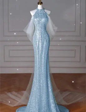 The blue host's neck-hung model walked runway toasted and beaded into a dress - Aliexpress - FashionsVida