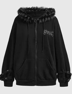 Sudadera holgada con capucha esponjosa, diseño de cordones con ojetes metálicos góticos y abertura delantera XS - Shein - FashionsVida