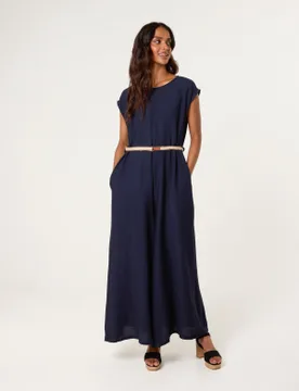 Plain Belted Jumpsuit - ONE / NAVY - female - Blue Vanilla - FashionsVida