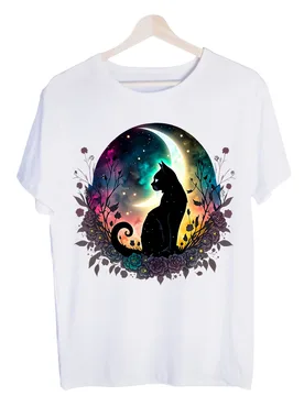 Women's Black Cat Moon Graphic Tee, Artistic Floral Print Short Sleeve T-Shirt for Casual Daily Wear and Summer Outfits - Aliexpress - FashionsVida
