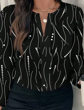Blusa casual de cuello redondo con estampado de rayas y lunar para mujer de talla grande, primavera y otoño 1XL - Shein - FashionsVida