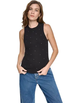 Top de mujer sin mangas y cuello redondo con ejecución de brillantes - DKNY Jeans - FashionsVida