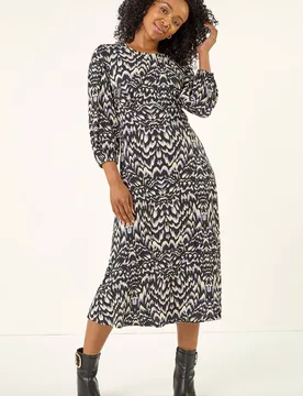 Women's Petite Abstract Stretch Midi Dress in Black Size: 16 - Black - Size: 16 - Roman - FashionsVida