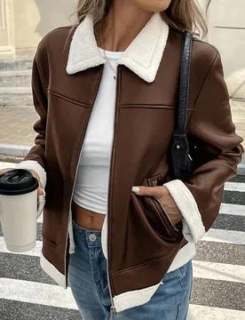 Chaqueta de manga larga casual versátil de uso diario con solapa y cremallera en colores contrastantes para mujer L - Shein - FashionsVida