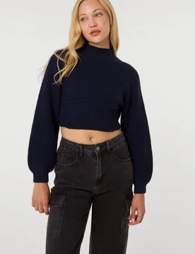 Women's Navy High Neck Knitted Crop Jumper Size: Medium/Large - Navy - Size: M/L - Pink Vanilla - FashionsVida