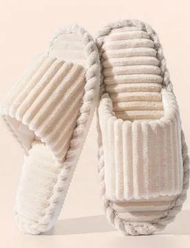 Pantuflas minimalistas para mujer, pantuflas a rayas de chenilla de moda para interiores con puntera abierta, adecuadas para otoño, invierno, todas l - Shein - FashionsVida