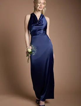 Women's Satin Cowl Neck Maxi Bridesmaid Dress in Navy Size: 8 - Navy - Size: 8 - OASIS - FashionsVida