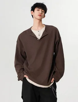 Men's Sweater Spring Vintage Fake Two Piece Henley Collar Long Sleeve T Shirt Loose Versatile Cool Casual Couples' Base Layer - Aliexpress - FashionsVida