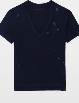 Zadig & Voltaire - Camiseta de mujer de cuello pico, con strass y manga corta de algodón - Zadig & Voltaire - FashionsVida