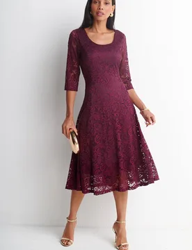 Women's Floral Stretch Lace Midi Dress in Dark Red Size: 16 - Dark Red - Size: 16 - Anna Rose - FashionsVida