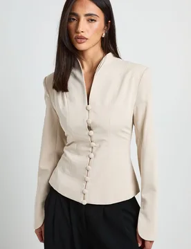 Womens High Neck Button Down Split Cuff Blazer - Beige - Boohoo - FashionsVida