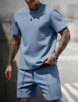 Set de 2 piezas de camiseta de manga corta de cuello redondo y pantalón corto con cordón y cintura elástica, de tela de sudadera, cómodo, para vac - Shein - FashionsVida