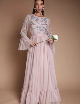Women's Sequin Long Sleeve Ruffle Mesh Maxi Bridesmaid Dress in Dusty Rose Size: 8 - Dusty Rose - Size: 8 - Coast - FashionsVida