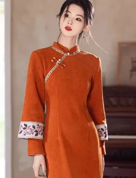 Two pieces of light and cheongsams in orange corduroy with a new Chinese-style double-sleeved fake - Aliexpress - FashionsVida