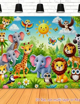 Pieza de pancarta plana 2D Escena de fiesta de animales de la jungla soleada - Escena vibrante de la jungla, que incluye elefantes, jirafas, leones, c - Shein - FashionsVida