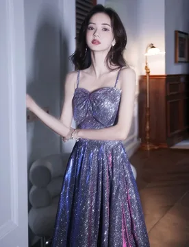 The host of light luxury and niche style wore a purple halter dress that shone brightly - Aliexpress - FashionsVida