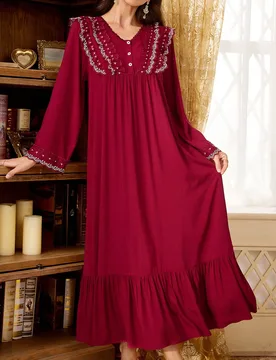 Camisón largo de mujer estilo corte con encaje bordado, cuello en V, manga larga holgada y bajo con volantes S - Shein - FashionsVida