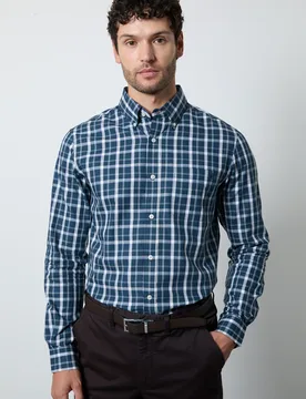 Mens Navy Tartan Check Long Sleeve Shirt Cotton - Size Small - Maine - FashionsVida