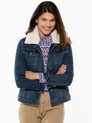 Jeansjacke Teddykragen, normale Größen, Farbe Blau, 46, abnehmbarer Teddykragen elastischer Denim Damen