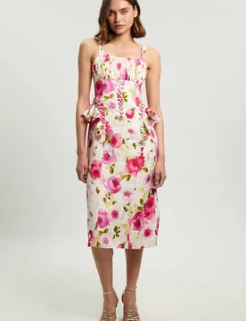 Women's Petite Scattered Floral Cotton Poplin Boned Detail Woven Midi Dress Size: 8 - Floral - Size: 8 - Karen millen - FashionsVida