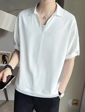 Summer Men's Fashion Casual Thin Two-Piece Shirt V-Neck Short Sleeve Casual T-Shirt Silk Polo Shirt Short Sleeve - Aliexpress - FashionsVida