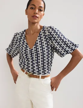 Women's Alba Textured Puff Sleeve Top in Mid Navy Size: 8 - Mid Navy - Size: 8 - Phase Eight - FashionsVida
