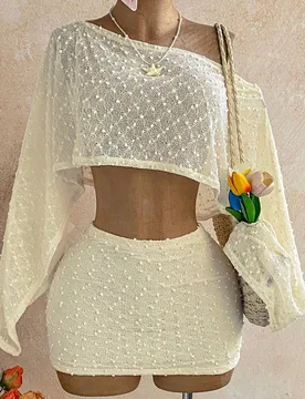 Conjunto de 2 piezas para mujer con top de dobladillo asimétrico y minifalda, estilo casual para vacaciones, con mangas tipo capa y tela transparente - Shein - FashionsVida