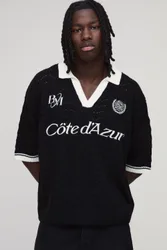 Mens Oversized Boxy Embroidered Pointelle Knitted Polo - Black - Size 4xl