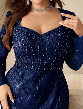 Vestido de Talla Grande Elegante con Cuello Cuadrado Bordado con Perlas y Diseño de Strass para Boda Cena Formal Azul Marino Otoño 3XL - Shein - FashionsVida