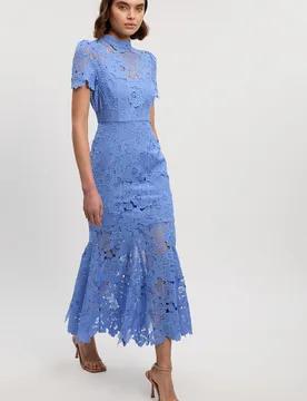 Womens Guipure Lace High Neck Woven Midi Dress - Pale Blue - Size 14 Uk - Karen millen - FashionsVida