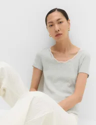 Ribbed Lace Scoop Neck Short Sleeve Top Grey Marl female