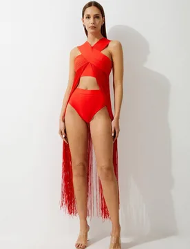 Women's High Waisted Bandage Bikini Bottoms in Red Size: XS - Red - Size: XS - Karen millen - FashionsVida