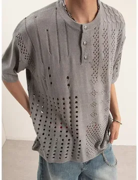 Men Hollow Out Knit Short Sleeve T-shirt 2026 New American Retro Casual Knitwear Breathable Loose Henley Neck Summer Streetwear - Aliexpress - FashionsVida